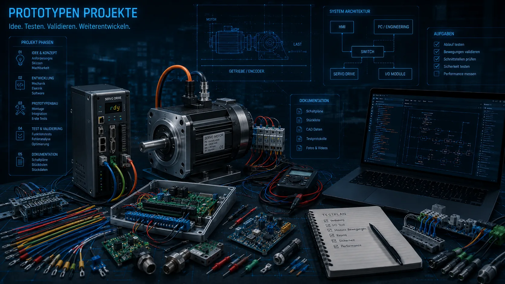Prototypenaufbau für Automatisierungstechnik mit Motor, Servo Drive und Testplan